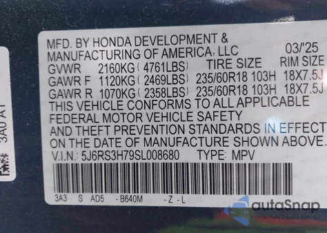 2025 Honda Cr-V Ex-L 2Wd из США, поврежденный, VIN 5J6RS3H79SL008680